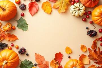 Obraz premium Autumnal Pumpkins, Berries, and Leaves Arranged in a Frame on Beige Background