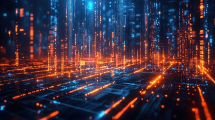 Fototapeta premium futuristic 3d visualization of cryptocurrency coins floating above glowing blue financial graph with digital data streams in background