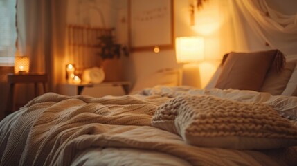 A cozy bedroom with cream-colored bedding and soft lighting, creating a peaceful atmosphere