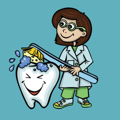 Dentist happily brushing tooth, vector illustration