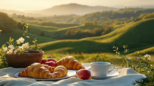 A picnic on the hillside with croissants, apples and coffee in beautiful natural scenery.