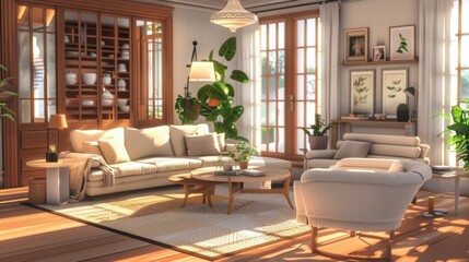 A cozy living room with cream-colored rugs and soft cushions, perfect for relaxation