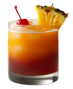  Mai Tai cocktail with rum orange juice and grenadine garnished with pineapple slice and cherry served in tiki glass isolated on transparent background