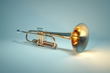 Obraz premium A golden trumpet placed on a bright blue surface, ready for use