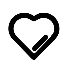 a black outline of a heart shape. Inside the heart, there is a diagonal line that starts from the bottom right and ends near the center, resembling a stylized check mark or a slash