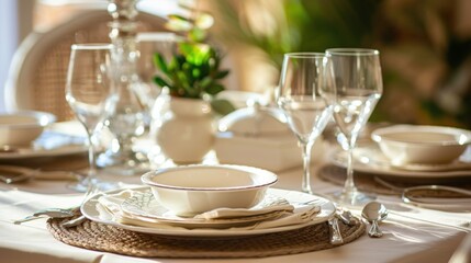 A cream-colored dining table set with elegant dishes and soft linen, ready for a gathering
