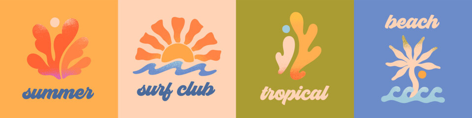 Vector abstract summer beach,surf club emblems.Hand drawn coral,palm,ocean waves with sun.Modern graphic in simple style for banners,smm,branding,covers,prints.Retro summer vacation aesthetic