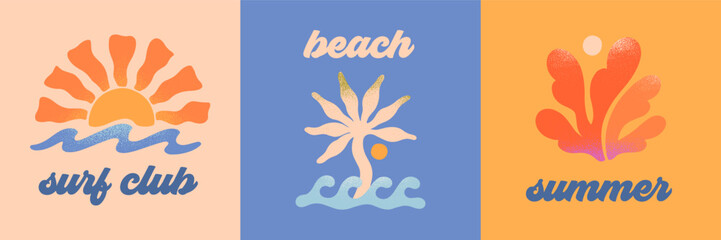 Vector abstract summer beach,surf club emblems.Hand drawn coral,palm,ocean waves with sun.Modern graphic in simple style for banners,smm,branding,covers,prints.Retro summer vacation aesthetic