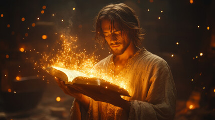 Mystic man is holding an old book emanating glowing particles in a dark mysterious place
