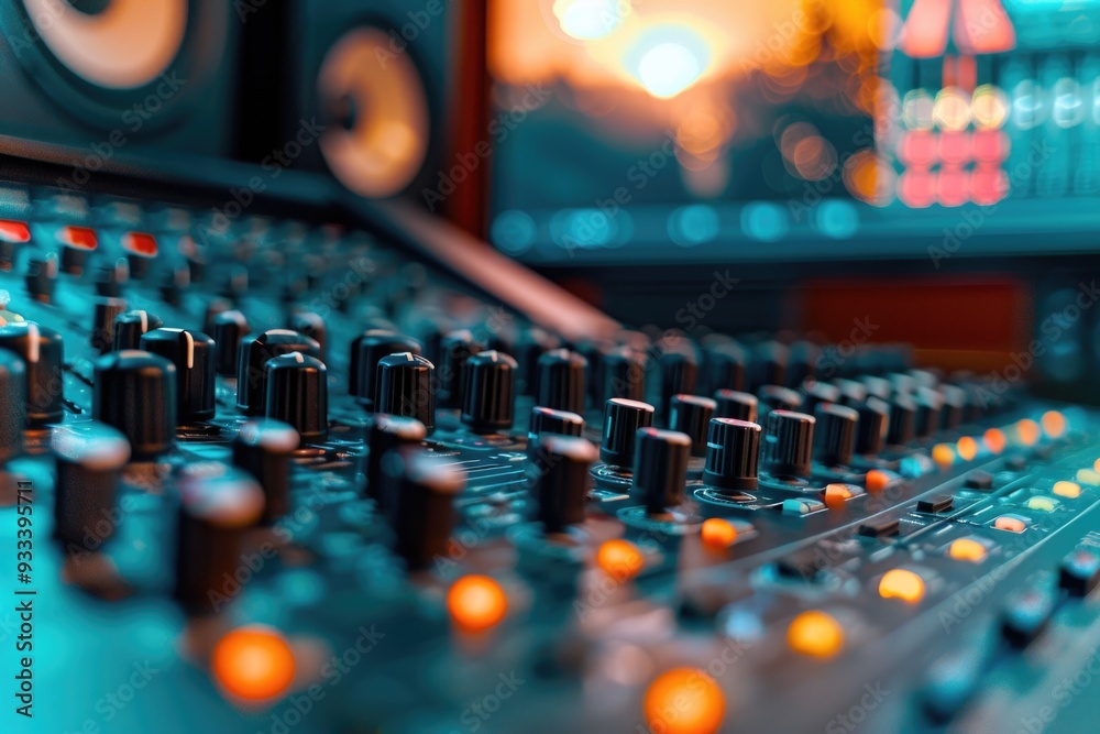 Aufkleber close-up shot of a sound board in a professional recording studio setting
