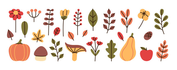 Simple autumn design elements set. Group of object is leaf, mushroom, flower, pumpkin. Concept of thanksgiving day, fall or autumn season sale.