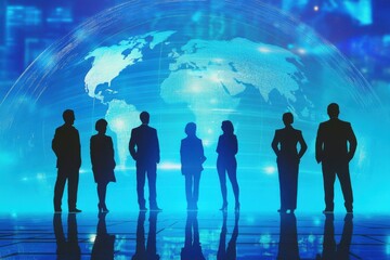 Silhouettes of business professionals standing in front of a digital world map with a blue background.
