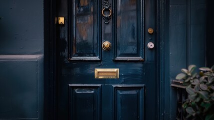 A dark blue door with a vintage brass handle, adding character to a historic building