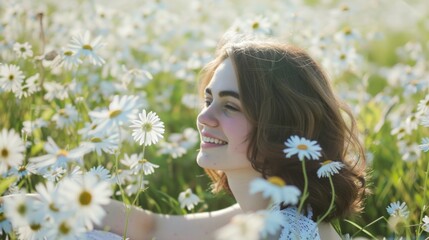 Fototapeta premium Smiling Woman in a Field of Daisies