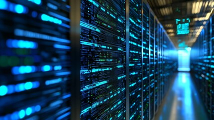 Rows of servers and floating holograms create a futuristic atmosphere in this data center. A modern data center features ambient lighting and holographic interfaces displaying real-time data.
