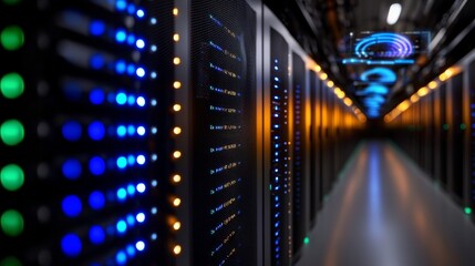 Rows of servers and floating holograms create a futuristic atmosphere in this data center. A modern data center features ambient lighting and holographic interfaces displaying real-time data.