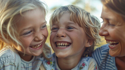Close-up of a motherâs face looking lovingly at her children as they laugh together