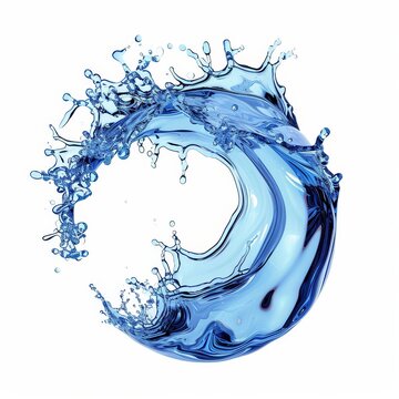 recommend clip art: 3d render, dynamic blue water jet, wavy spherical splash clip art isolated on white background. Twisted liquid shape, splashing wave, Generative AI