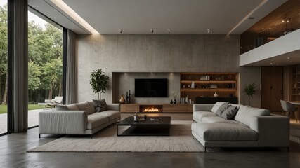 minimalist modern living room with a lofted ceiling