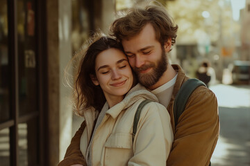 A couple embracing warmly on a city street, both smiling contentedly, reflecting love and affection in a casual outdoor setting.