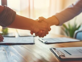 Shaking hands, documents on desk, business teamwork concept, close-up necks, cinematic light, copy space.