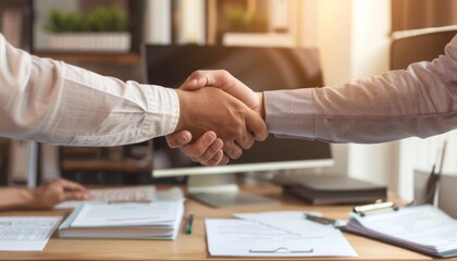 Shaking hands in office, desk with documents and computer, close-up necks, cinematic light, copy space, teamwork.