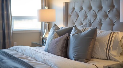 A modern bedroom with silver decor, including lamps and bedding, creating a tranquil space