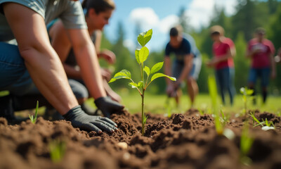 Hands planting young tree in soil, community gardening event, environmental conservation effort, teamwork for sustainability, reforestation activity with blurred volunteers background