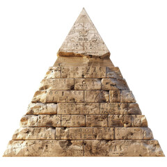 A close-up of a stone pyramid with hieroglyphs carved into its surface. The pyramid is weathered and worn, suggesting age and history.