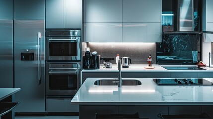A modern kitchen with silver appliances and a minimalist design, showcasing clean lines