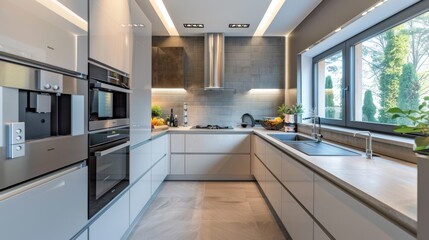A modern kitchen with silver appliances and a minimalist design, showcasing clean lines