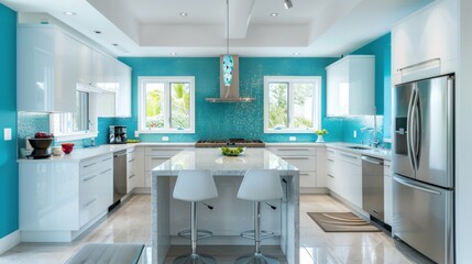 A modern kitchen with turquoise tiles and white cabinetry, creating a bright and inviting space