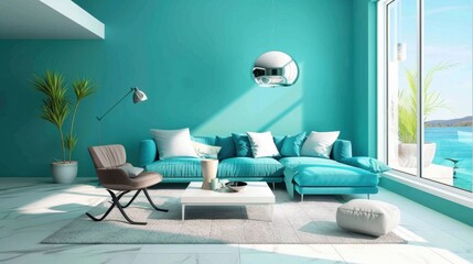 Fototapeta premium A modern living room with turquoise walls and minimalist furniture, creating a fresh atmosphere