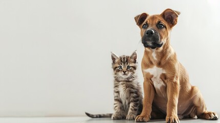 Obraz premium Cat and dog lying together on white background