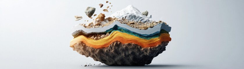 Fototapeta premium A surreal representation of geological layers, showcasing vibrant colors and textures, evokes sense of wonder and curiosity about Earths structure.