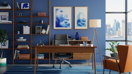 A modern office with indigo accents, including a desk lamp and artwork, creating a creative workspace
