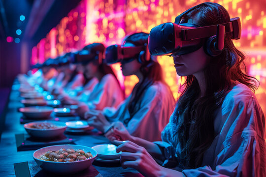 Immersive dining experience in a virtual reality restaurant, where patrons don VR headsets exploring food