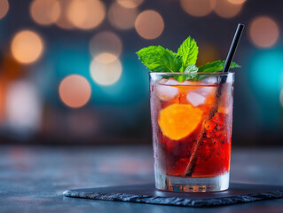 Vibrant Red Cocktail with Orange Slice and Mint Leaves in a Stylish Bar with Colorful Bokeh Lights