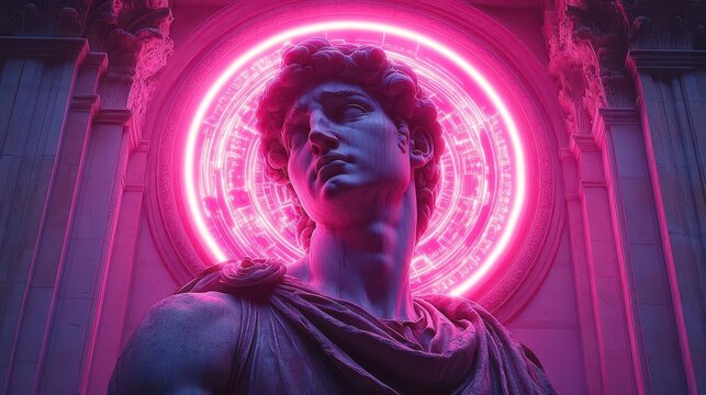 futuristic greek statue of david reimagined in neonlit cyberpunk style holographic projections and glowing circuitry on marble surface