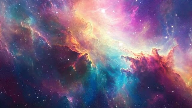 A colorful cosmic backdrop showcases interstellar clouds and radiant colors against a starry expanse.