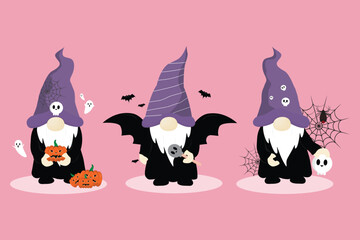 Vector illustration of cute holiday Halloween gnomes in black costume on a pink background.Vector illustration.