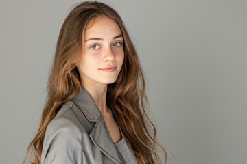 Obraz premium A woman with long brown hair is wearing a gray jacket, suitable for a professional setting or a casual outing