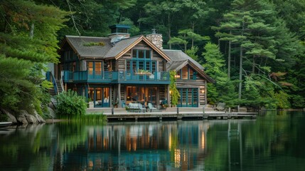 A serene lakeside cabin with turquoise accents, blending beautifully with the natural surroundings