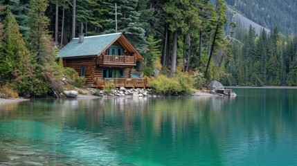 Fototapeta premium A serene lakeside cabin with turquoise accents, blending beautifully with the natural surroundings
