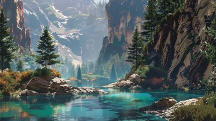 A serene mountain lake with turquoise water, surrounded by tall pine trees and rocky cliffs
