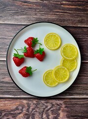 Plastic lemon fruit slices and red strawberry toys food ingredients on round white plate isolated on vertical wooden surface background.