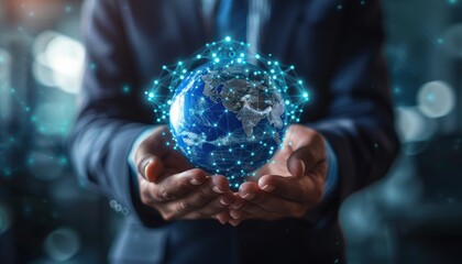 Businessman holding digital earth, global network concept, blurred backdrop, futuristic business tech, photorealistic.