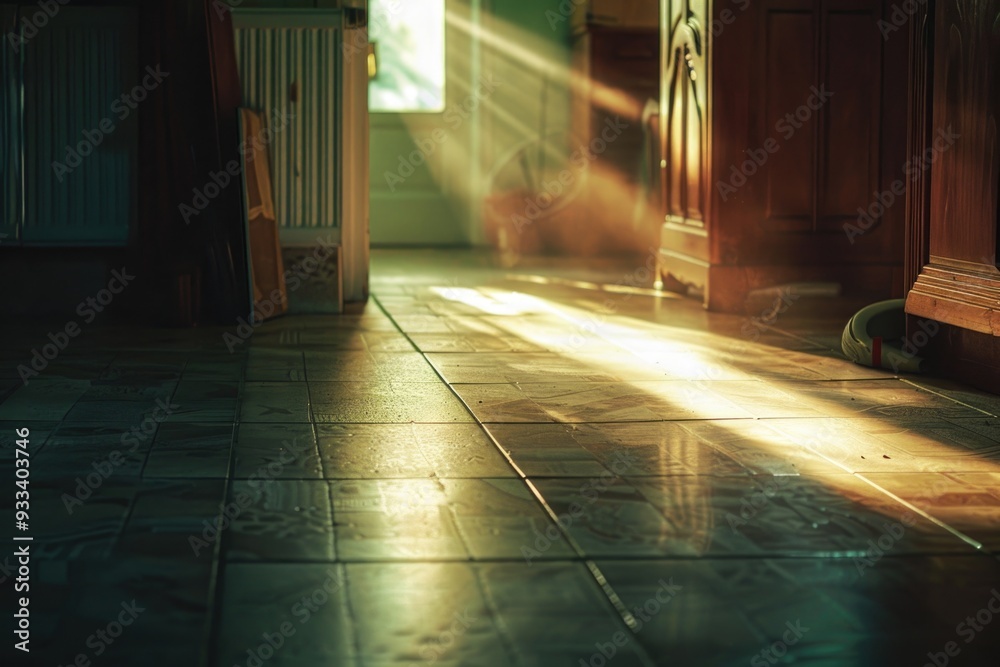 Canvas Prints A bright beam of sunlight shines through a doorway and illuminates the tiles on the floor