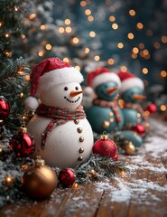 Snowman Christmas Cheer: Three charming snowmen adorned in festive hats and scarves stand amidst a snowy Christmas scene, surrounded by sparkling lights and ornaments. 
