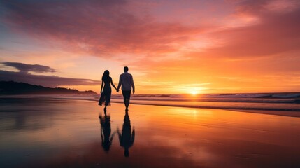 Fototapeta premium A couple walking hand-in-hand along a beach at sunset, their silhouettes against the vibrant sky, capturing the essence of love and companionship